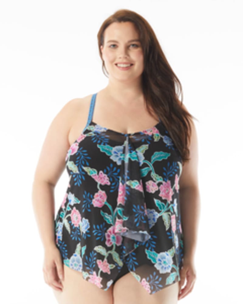 Front of a model wearing a size 16W Kerry Mesh Tankini Swim Top in BLACK MLT by Beach House Woman. | dia_product_style_image_id:269175